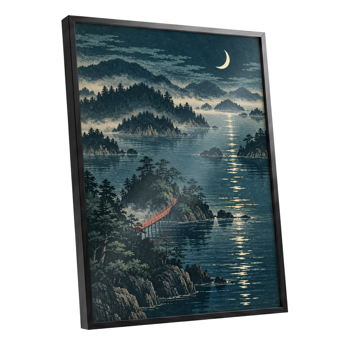Crescent over Still Waters, blue, green, beige nature wall art shown as a black framed poster wall art print