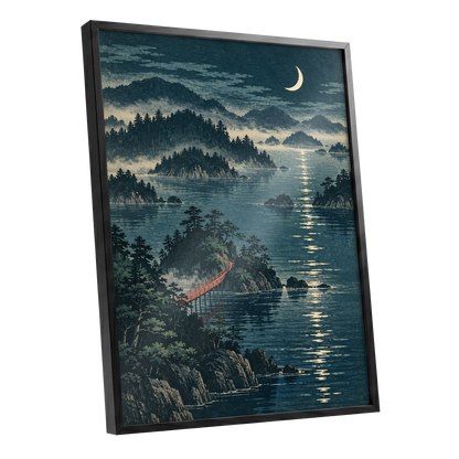 Crescent over Still Waters, blue, green, beige nature wall art shown as a black framed poster wall art print