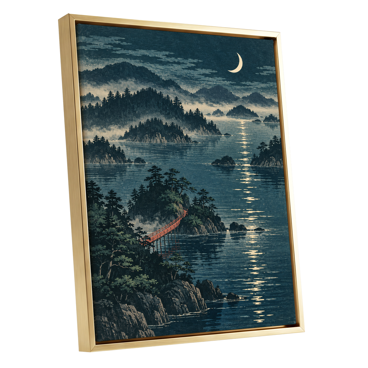 Crescent over Still Waters, blue, green, beige nature wall art shown as a gold framed canvas wall art