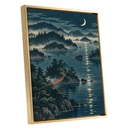 Crescent over Still Waters, blue, green, beige nature wall art shown as a gold framed canvas wall art