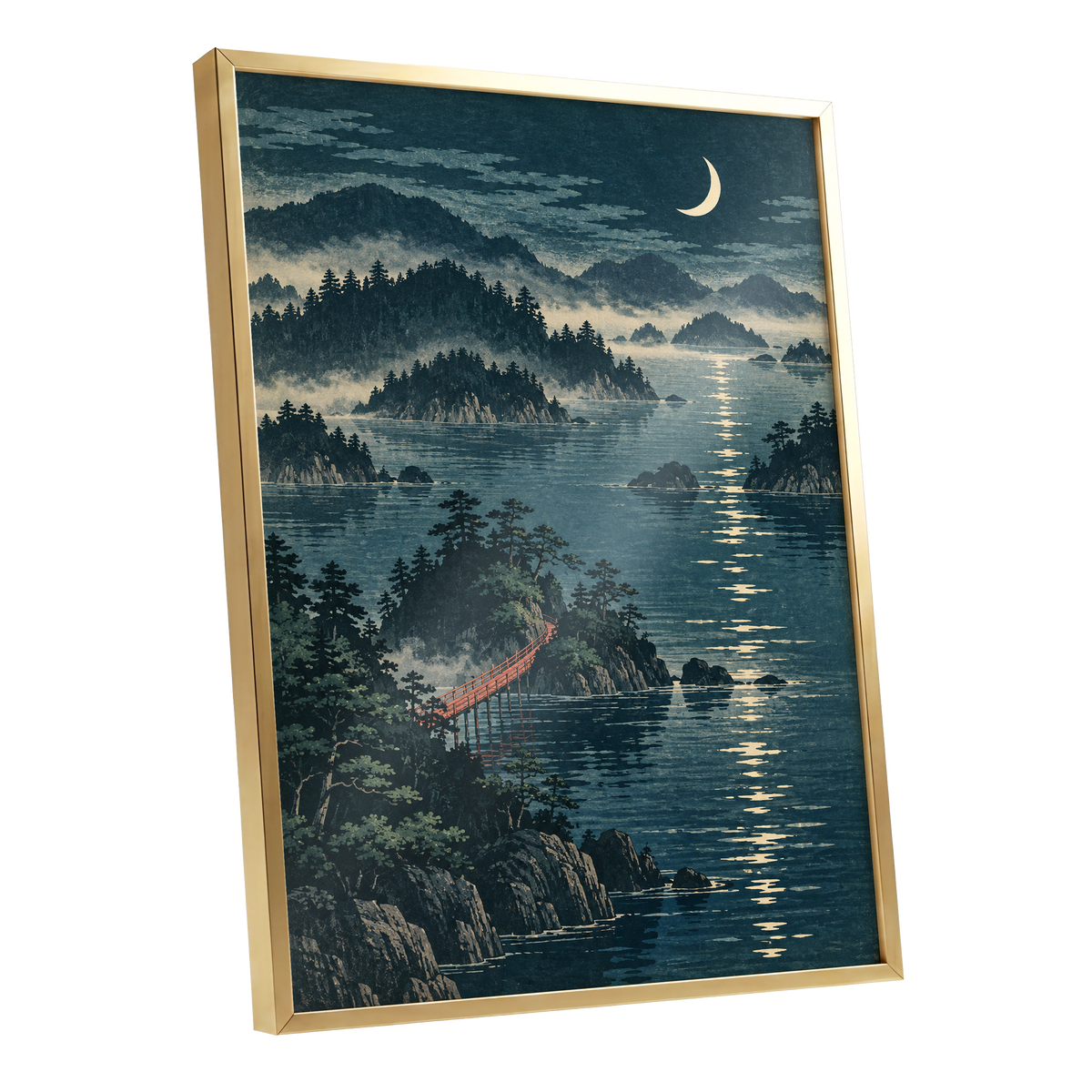 Crescent over Still Waters, blue, green, beige nature wall art shown as a gold framed poster wall art print