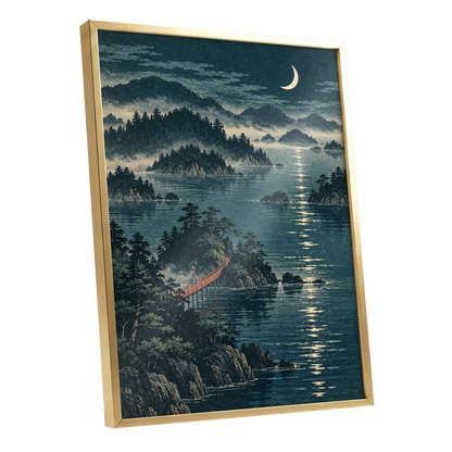 Crescent over Still Waters, blue, green, beige nature wall art shown as a gold framed poster wall art print