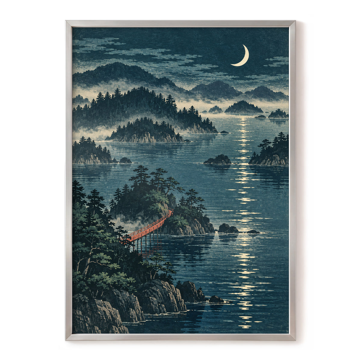 Crescent over Still Waters, blue, green, beige nature wall art, front artwork view