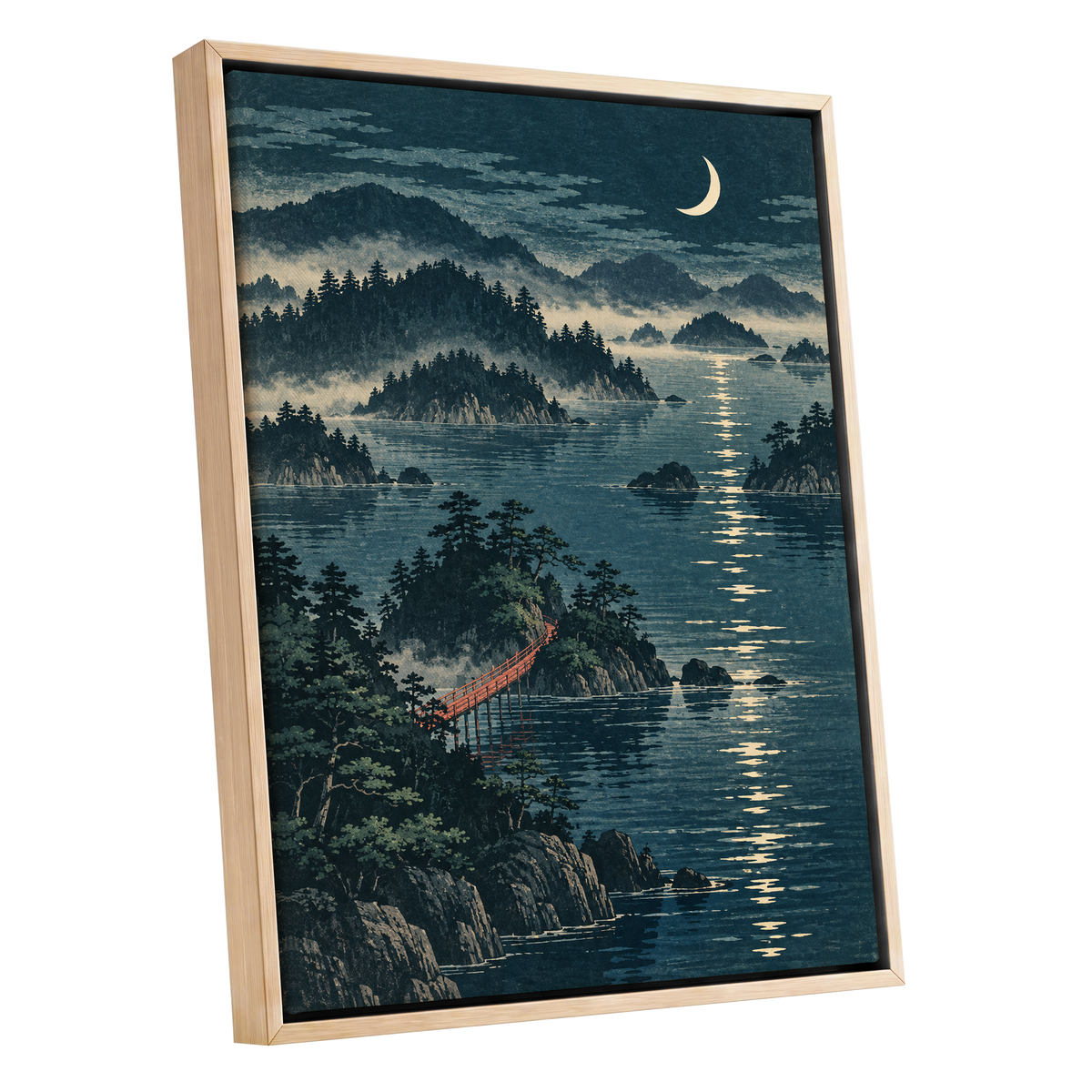 Crescent over Still Waters, blue, green, beige nature wall art shown as a oak framed canvas wall art