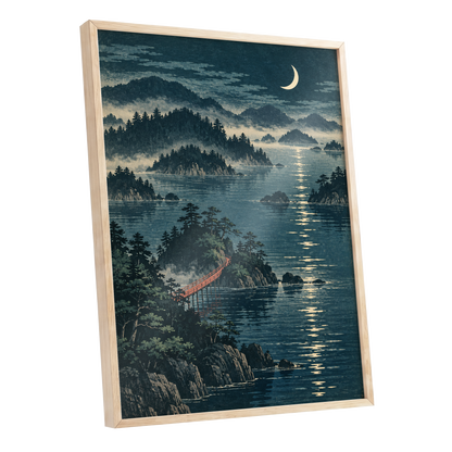 Crescent over Still Waters, blue, green, beige nature wall art shown as a oak framed poster wall art print