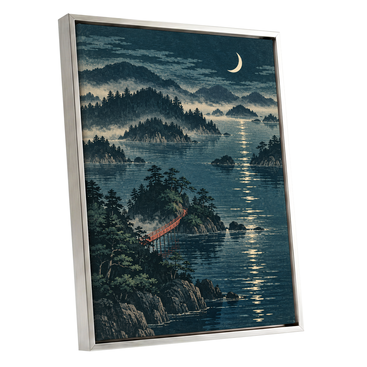 Crescent over Still Waters, blue, green, beige nature wall art shown as a silver framed canvas wall art