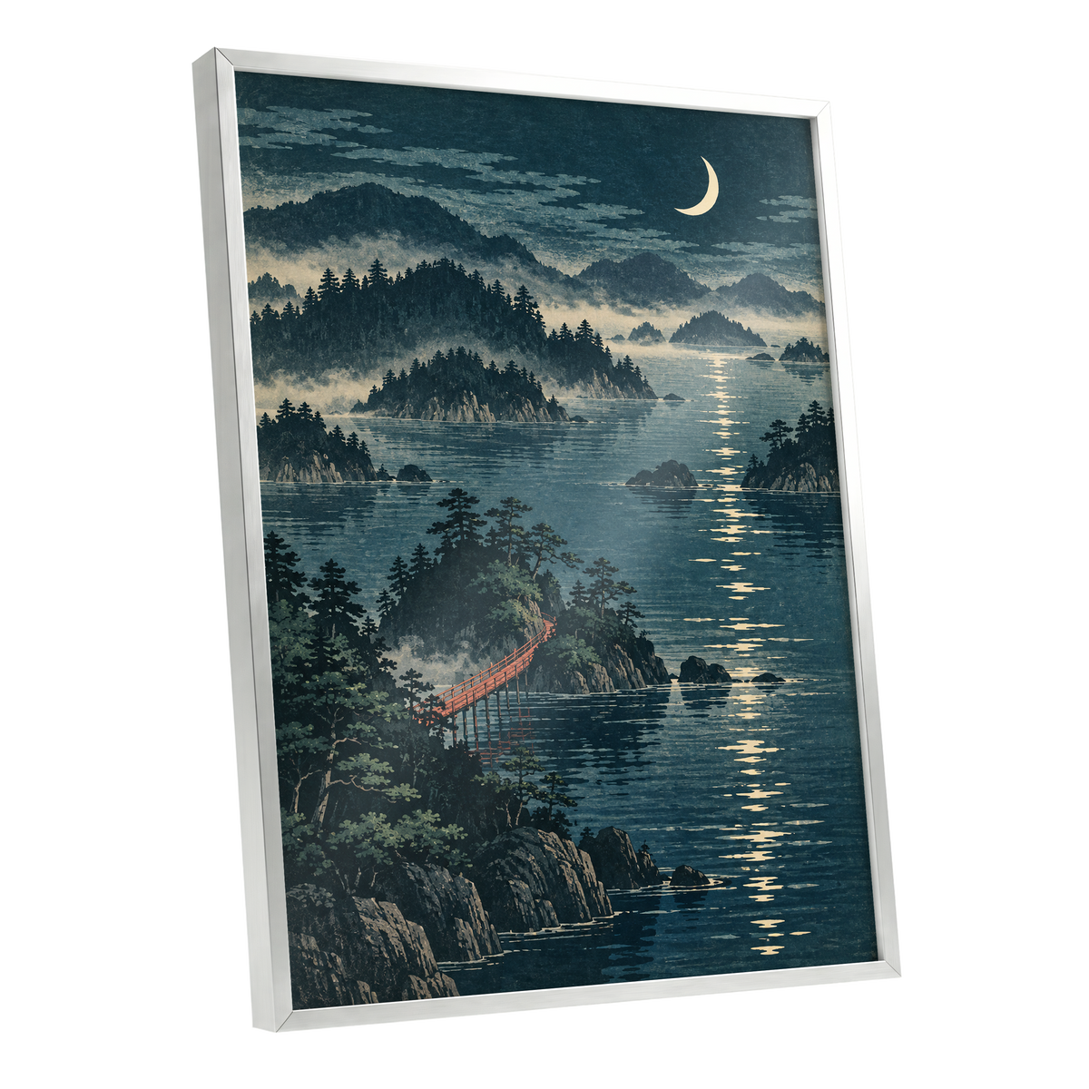 Crescent over Still Waters, blue, green, beige nature wall art shown as a silver framed poster wall art print