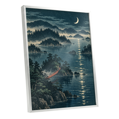 Crescent over Still Waters, blue, green, beige nature wall art shown as a silver framed poster wall art print