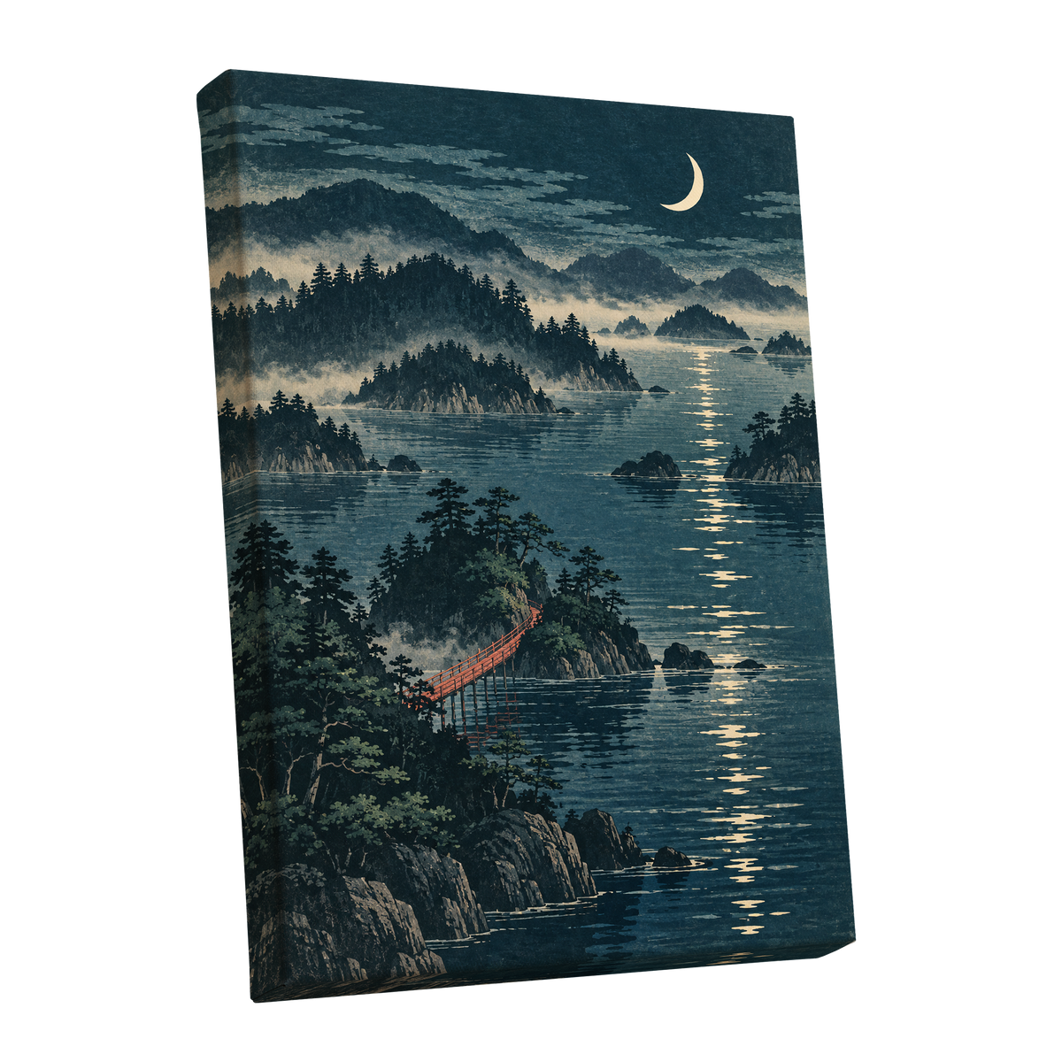 Crescent over Still Waters, blue, green, beige nature wall art shown as a stretched canvas wall art