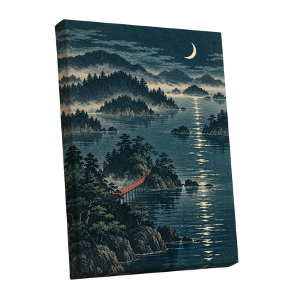 Crescent over Still Waters, blue, green, beige nature wall art shown as a stretched canvas wall art