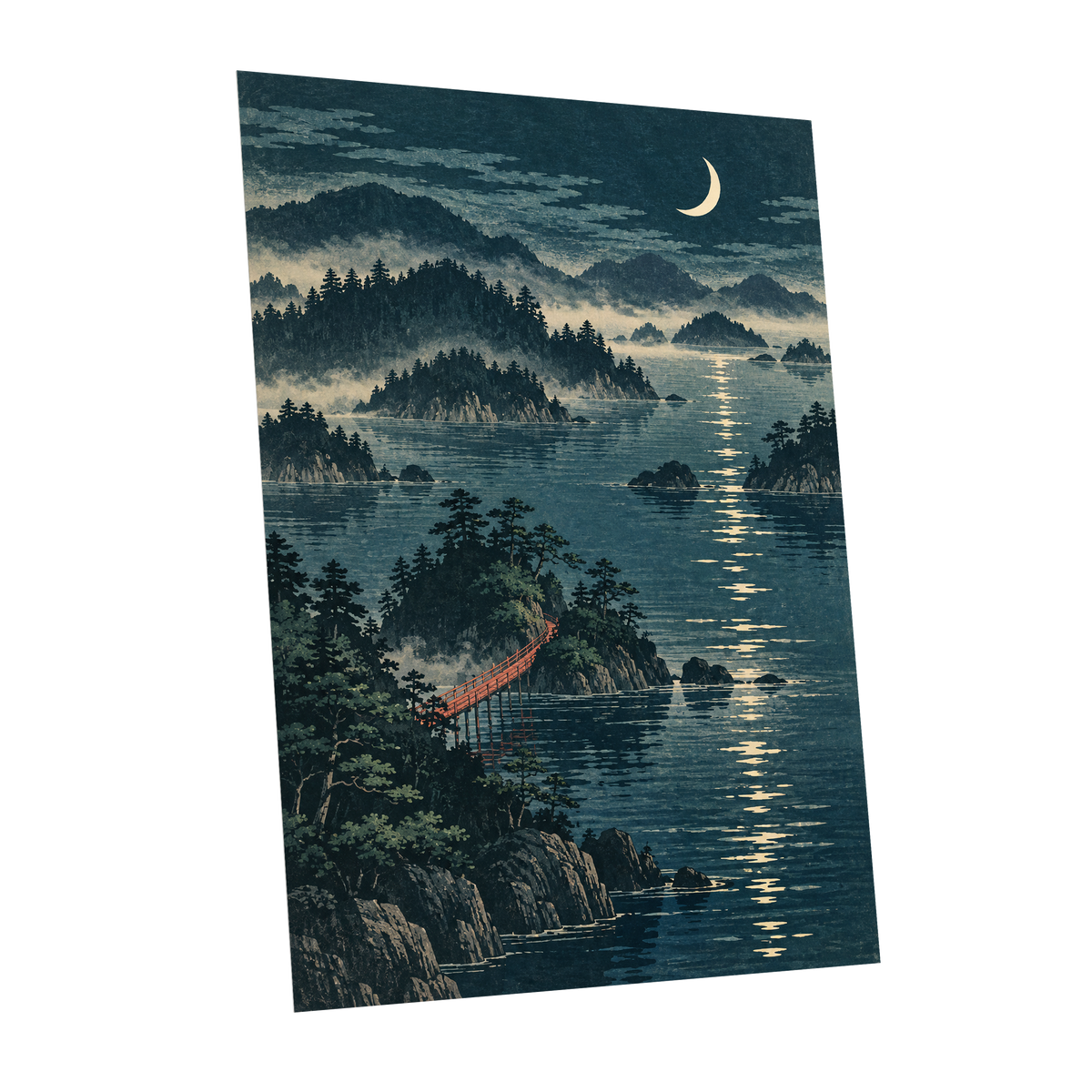 Crescent over Still Waters, blue, green, beige nature wall art shown as a unframed poster wall art print