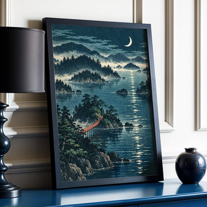 Crescent over Still Waters, blue, green, beige nature wall art displayed in a styled interior, gallery view 2