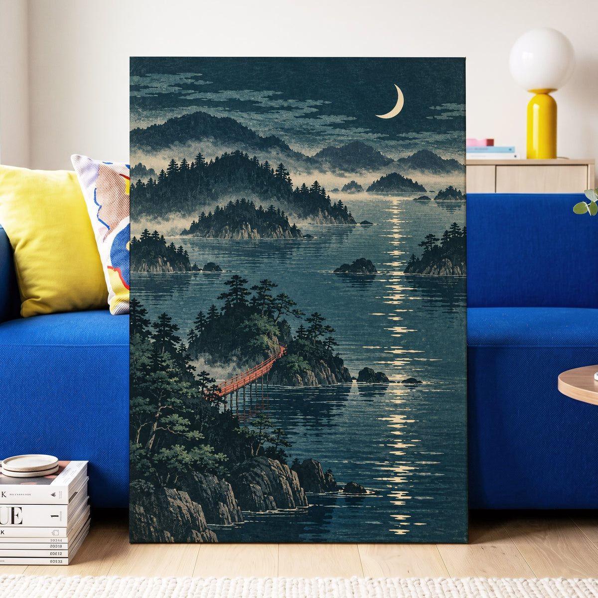 Crescent over Still Waters, blue, green, beige nature wall art displayed in a styled interior, gallery view 3