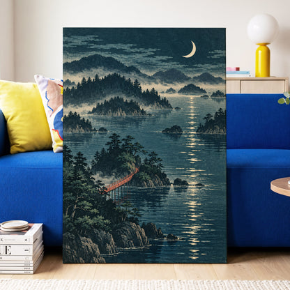 Crescent over Still Waters, blue, green, beige nature wall art displayed in a styled interior, gallery view 3