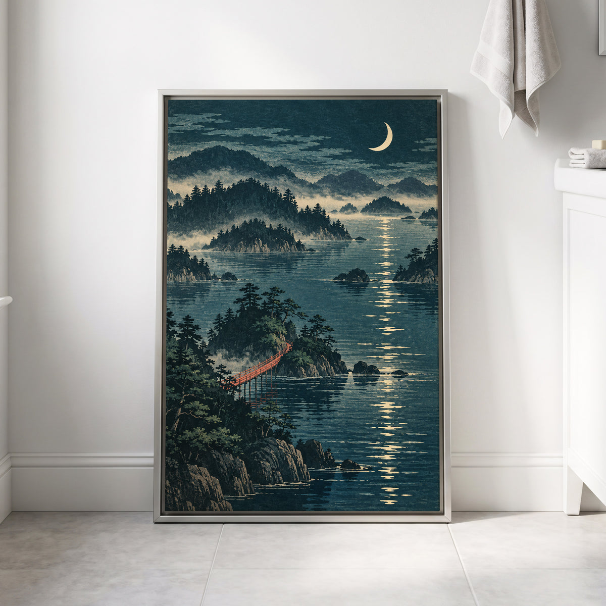 Crescent over Still Waters, blue, green, beige nature wall art displayed in a styled interior, gallery view 4