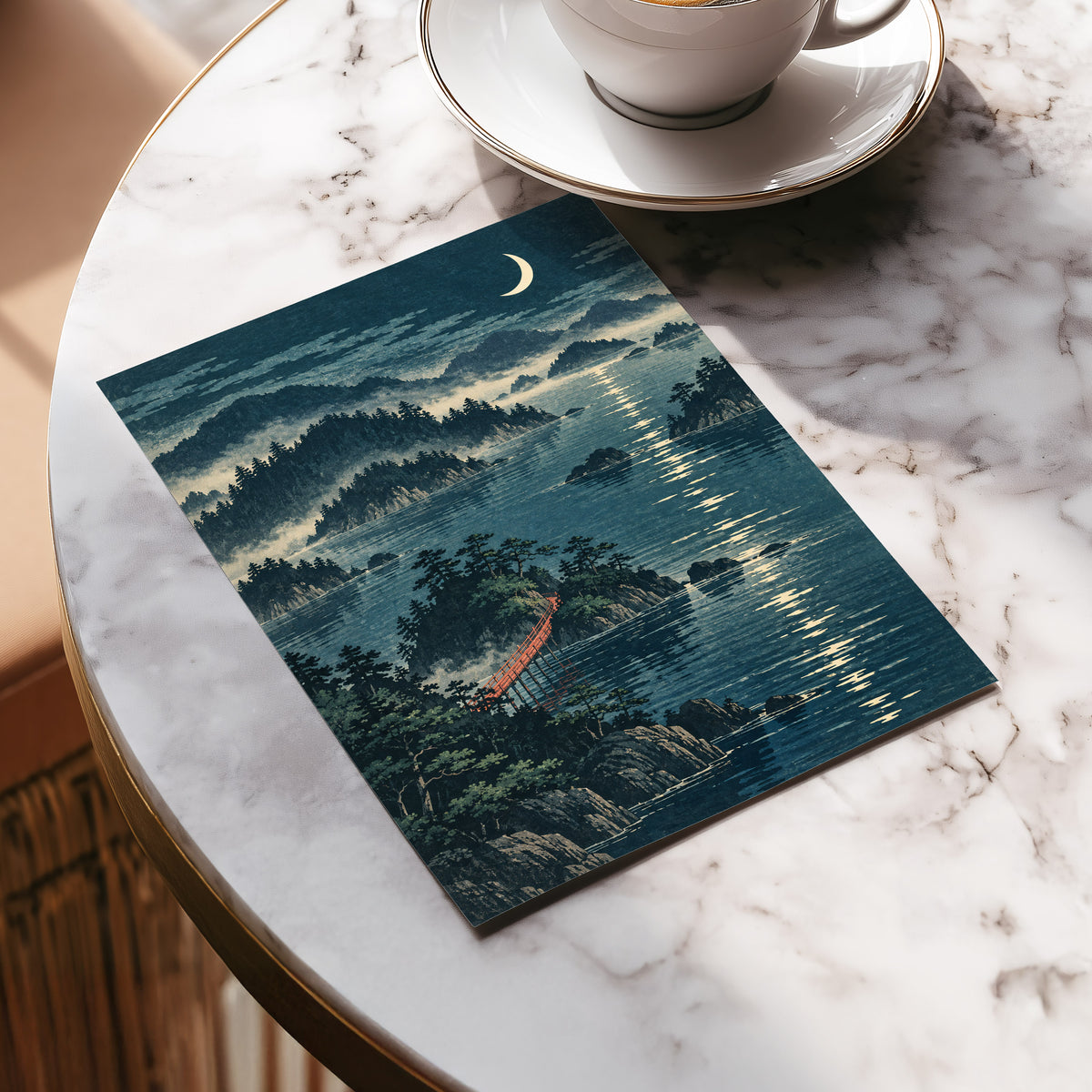 Crescent over Still Waters, blue, green, beige nature wall art displayed in a styled interior, gallery view 5