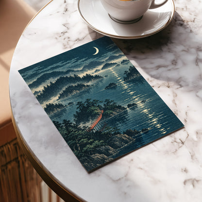 Crescent over Still Waters, blue, green, beige nature wall art displayed in a styled interior, gallery view 5
