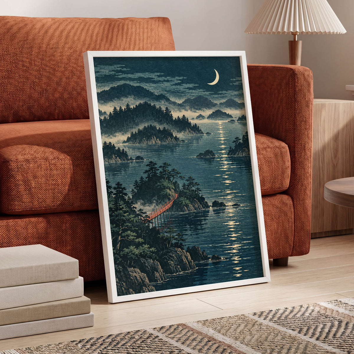 Crescent over Still Waters, blue, green, beige nature wall art displayed in a styled interior, gallery view 6