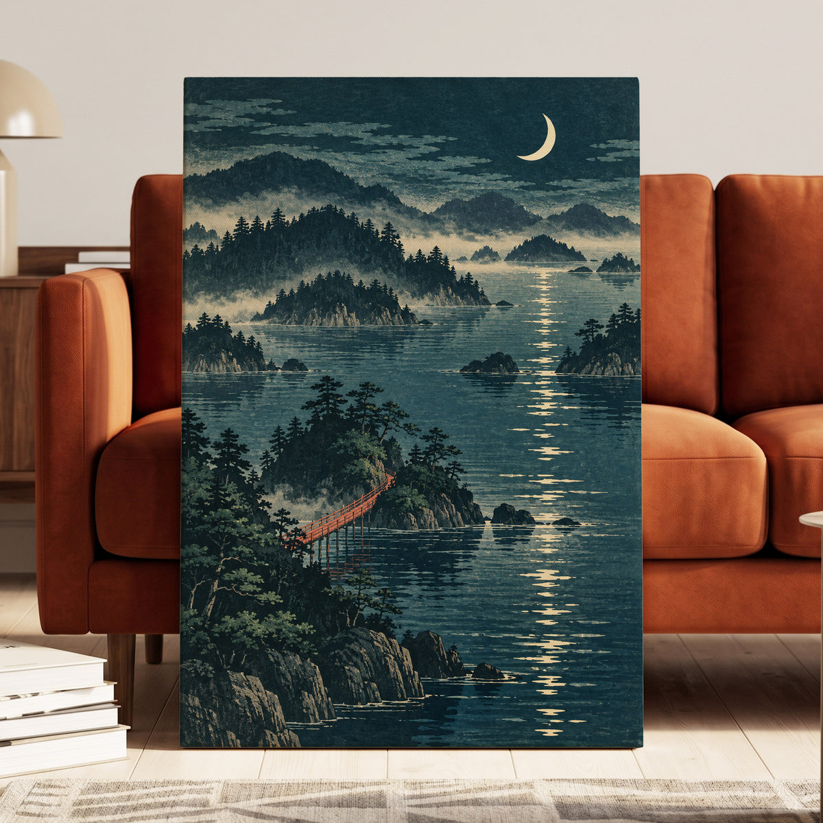 Crescent over Still Waters, blue, green, beige nature wall art displayed in a styled interior, gallery view 7