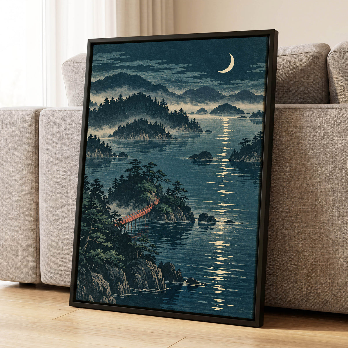 Crescent over Still Waters, blue, green, beige nature wall art displayed in a styled interior, gallery view 8