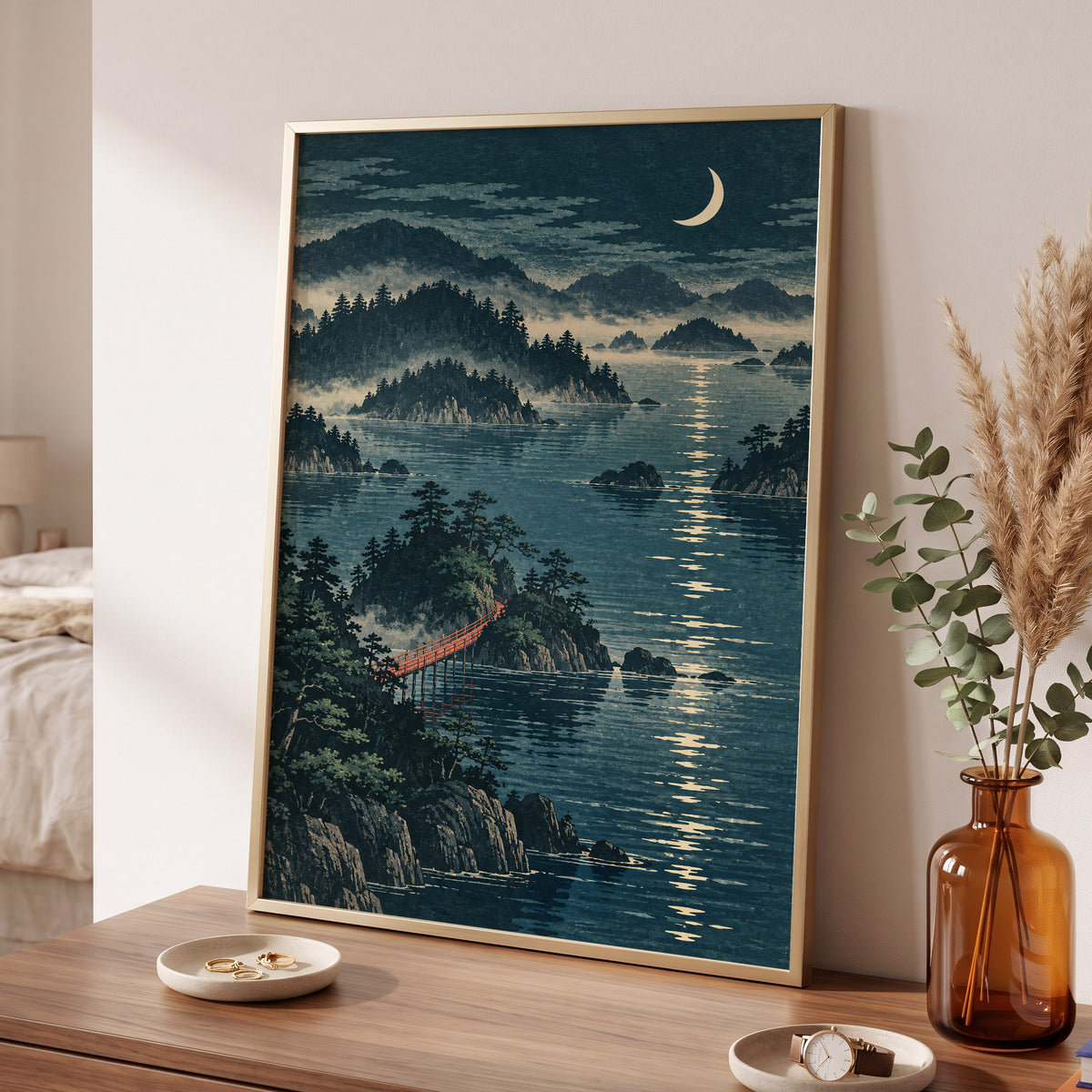 Crescent over Still Waters, blue, green, beige nature wall art displayed in a styled interior, gallery view 9