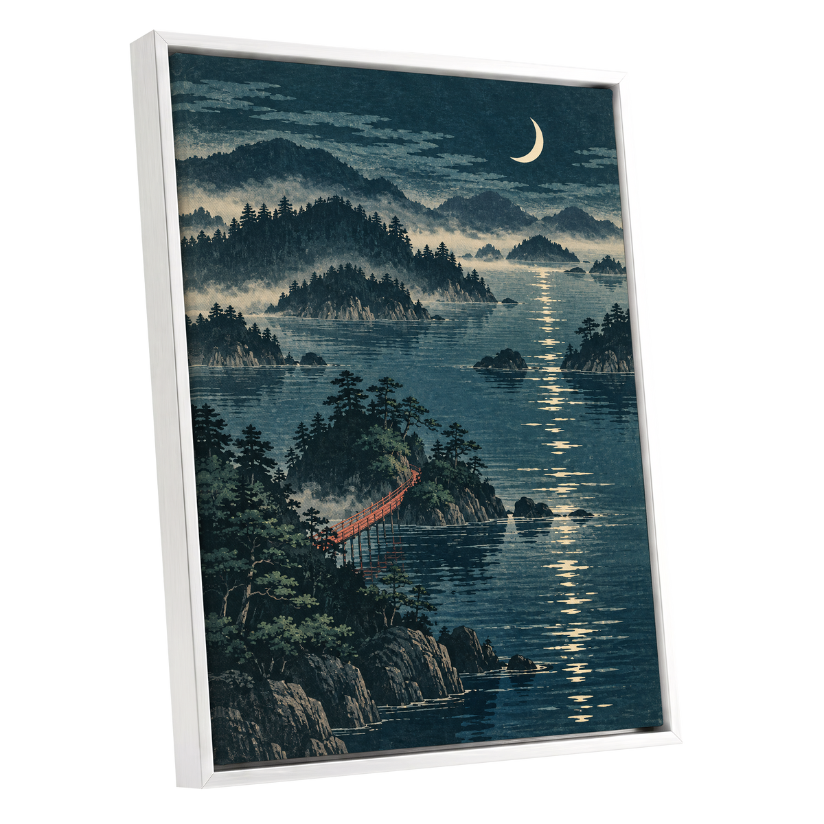 Crescent over Still Waters, blue, green, beige nature wall art shown as a white framed canvas wall art
