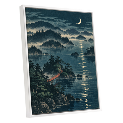 Crescent over Still Waters, blue, green, beige nature wall art shown as a white framed canvas wall art