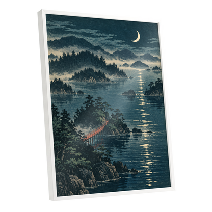 Crescent over Still Waters, blue, green, beige nature wall art shown as a white framed poster wall art print