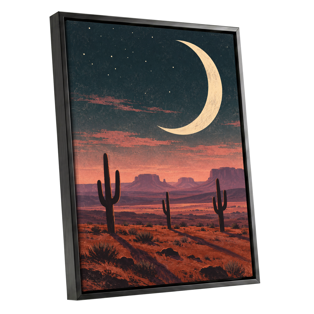 Crescent Over the Canyons, blue, beige, orange nature wall art shown as a black framed canvas wall art