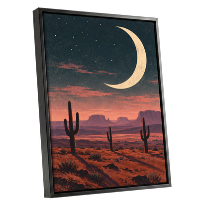 Crescent Over the Canyons, blue, beige, orange nature wall art shown as a black framed canvas wall art