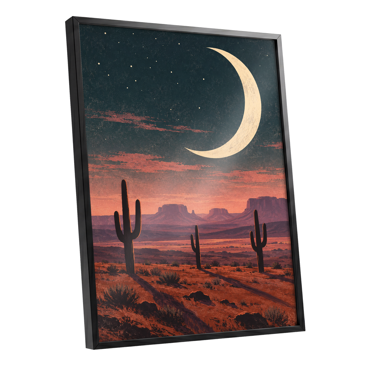 Crescent Over the Canyons, blue, beige, orange nature wall art shown as a black framed poster wall art print