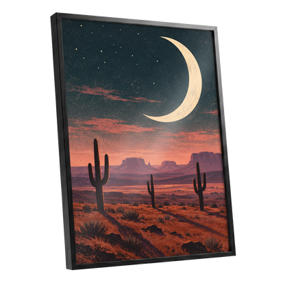 Crescent Over the Canyons, blue, beige, orange nature wall art shown as a black framed poster wall art print