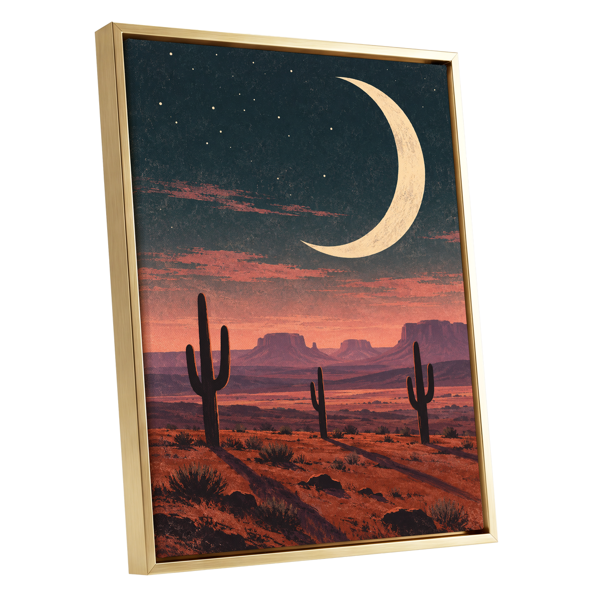 Crescent Over the Canyons, blue, beige, orange nature wall art shown as a gold framed canvas wall art