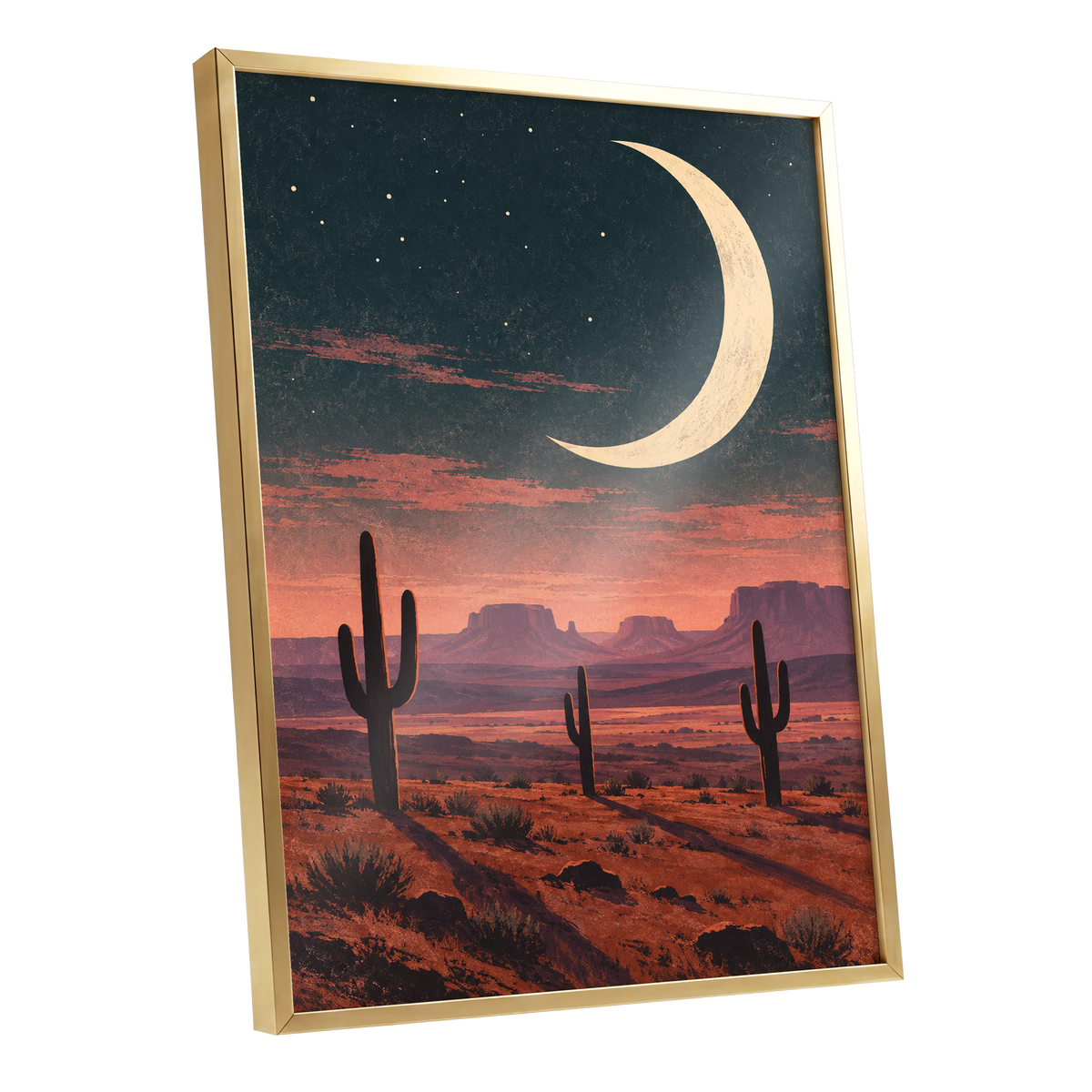 Crescent Over the Canyons, blue, beige, orange nature wall art shown as a gold framed poster wall art print