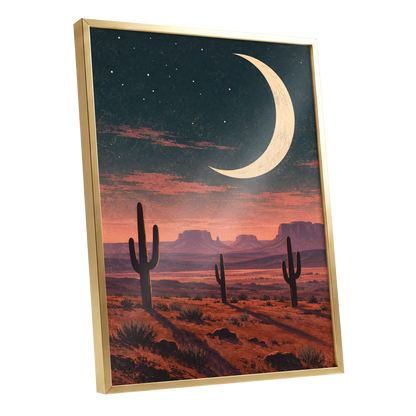 Crescent Over the Canyons, blue, beige, orange nature wall art shown as a gold framed poster wall art print