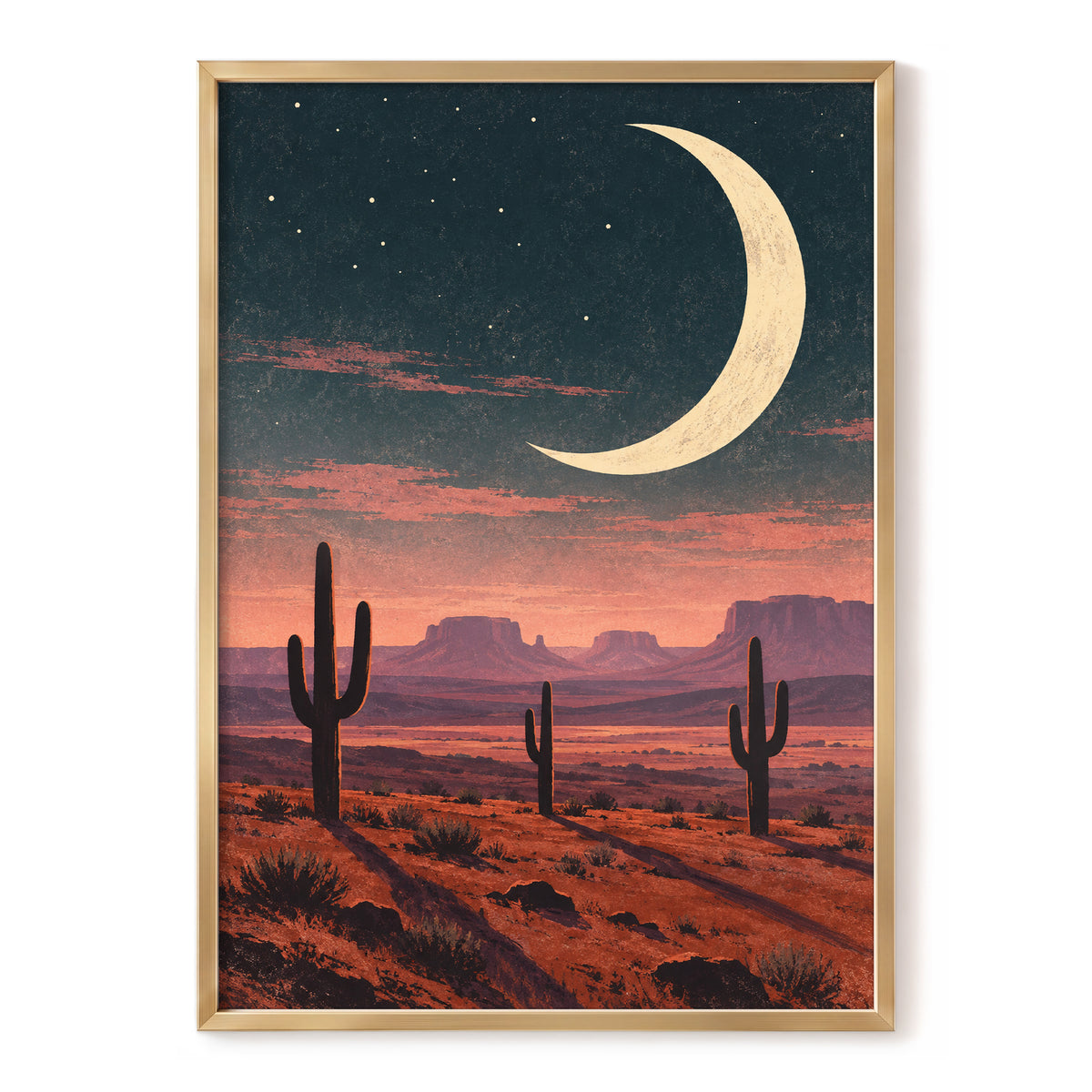 Crescent Over the Canyons, blue, beige, orange nature wall art, front artwork view