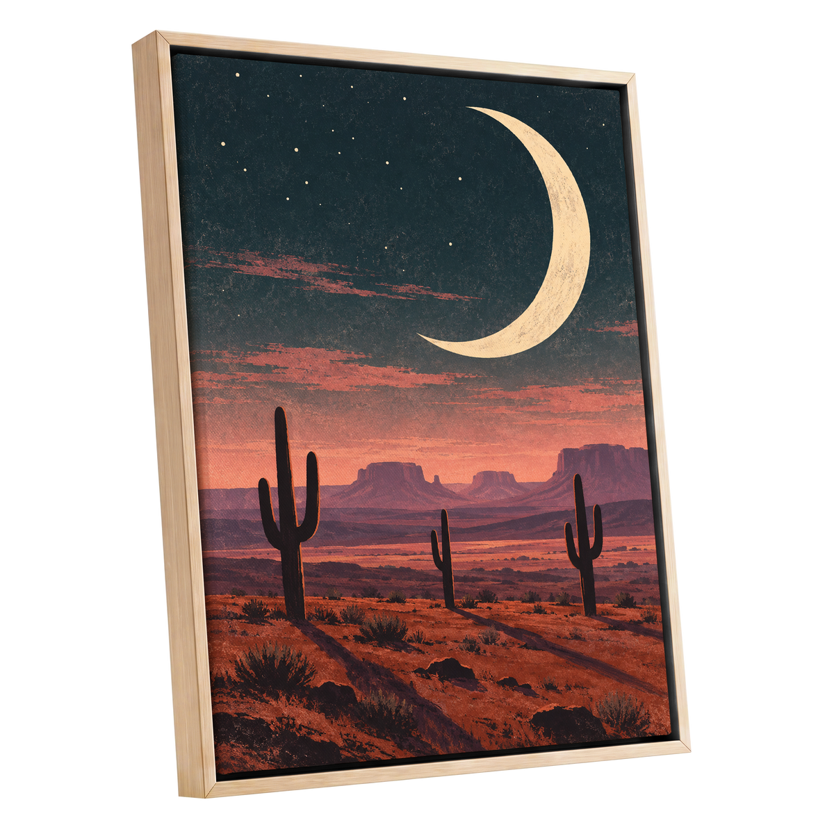 Crescent Over the Canyons, blue, beige, orange nature wall art shown as a oak framed canvas wall art