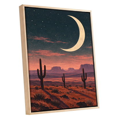 Crescent Over the Canyons, blue, beige, orange nature wall art shown as a oak framed canvas wall art
