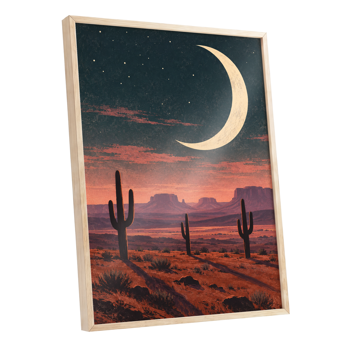 Crescent Over the Canyons, blue, beige, orange nature wall art shown as a oak framed poster wall art print