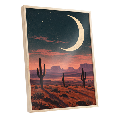 Crescent Over the Canyons, blue, beige, orange nature wall art shown as a oak framed poster wall art print