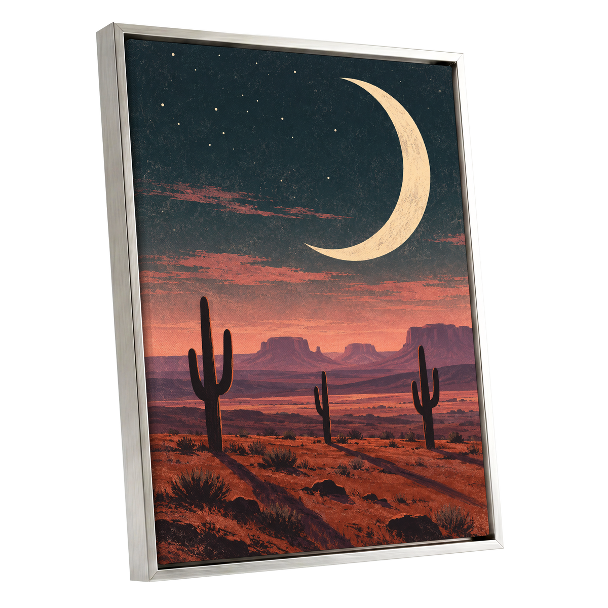 Crescent Over the Canyons, blue, beige, orange nature wall art shown as a silver framed canvas wall art