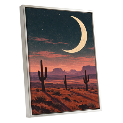 Crescent Over the Canyons, blue, beige, orange nature wall art shown as a silver framed canvas wall art