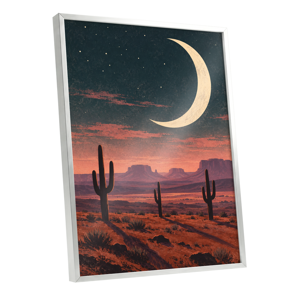 Crescent Over the Canyons, blue, beige, orange nature wall art shown as a silver framed poster wall art print
