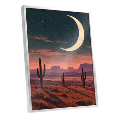 Crescent Over the Canyons, blue, beige, orange nature wall art shown as a silver framed poster wall art print