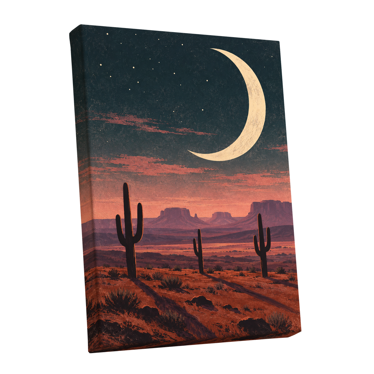 Crescent Over the Canyons, blue, beige, orange nature wall art shown as a stretched canvas wall art