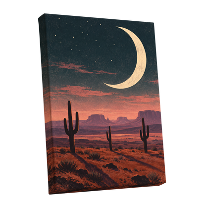 Crescent Over the Canyons, blue, beige, orange nature wall art shown as a stretched canvas wall art