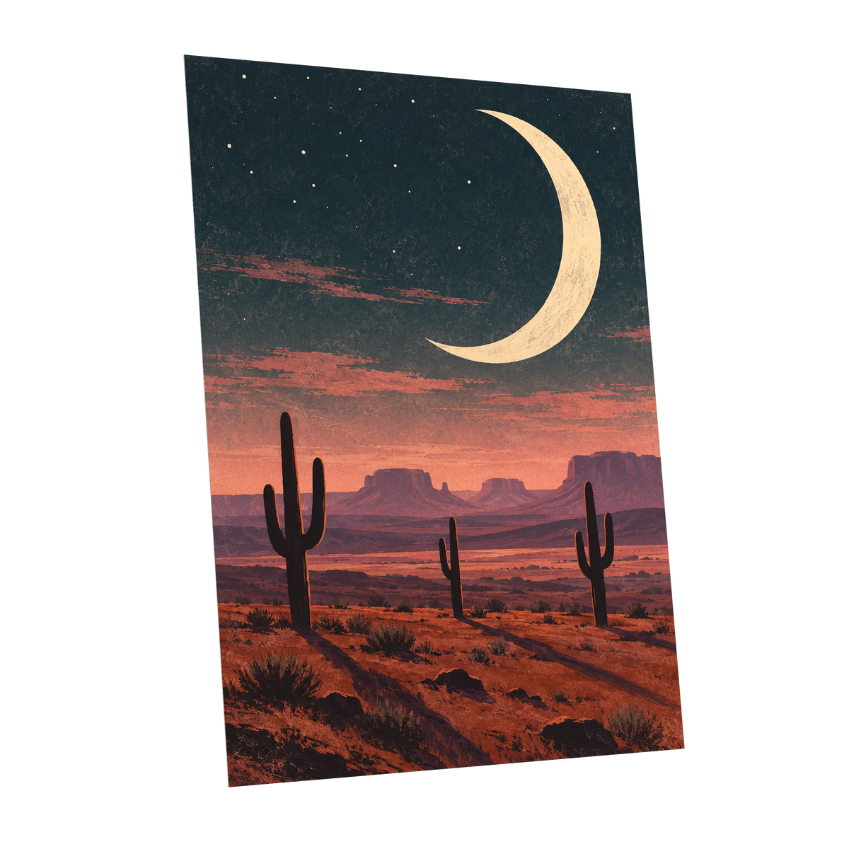 Crescent Over the Canyons, blue, beige, orange nature wall art shown as a unframed poster wall art print