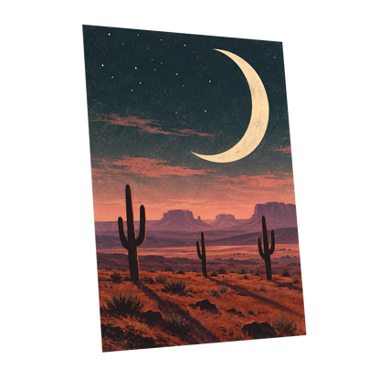 Crescent Over the Canyons, blue, beige, orange nature wall art shown as a unframed poster wall art print
