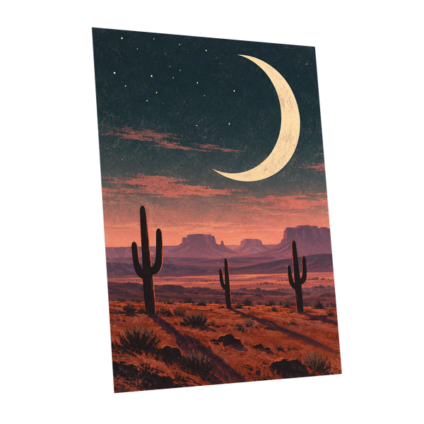 Crescent Over the Canyons, blue, beige, orange nature wall art shown as a unframed poster wall art print