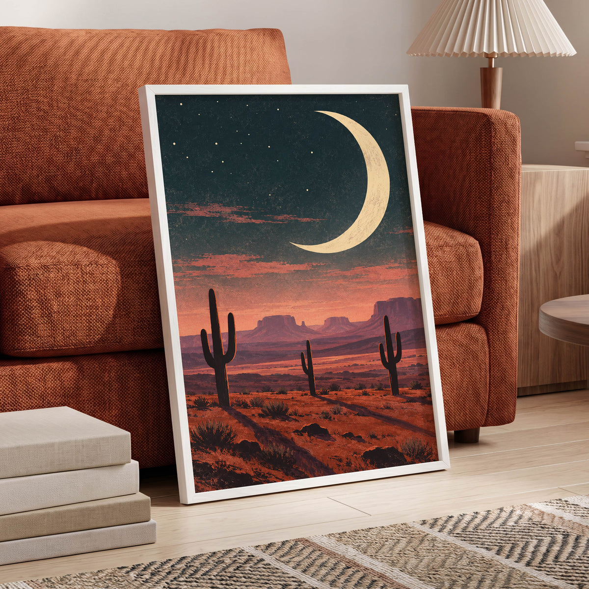 Crescent Over the Canyons, blue, beige, orange nature wall art displayed in a styled interior, gallery view 2